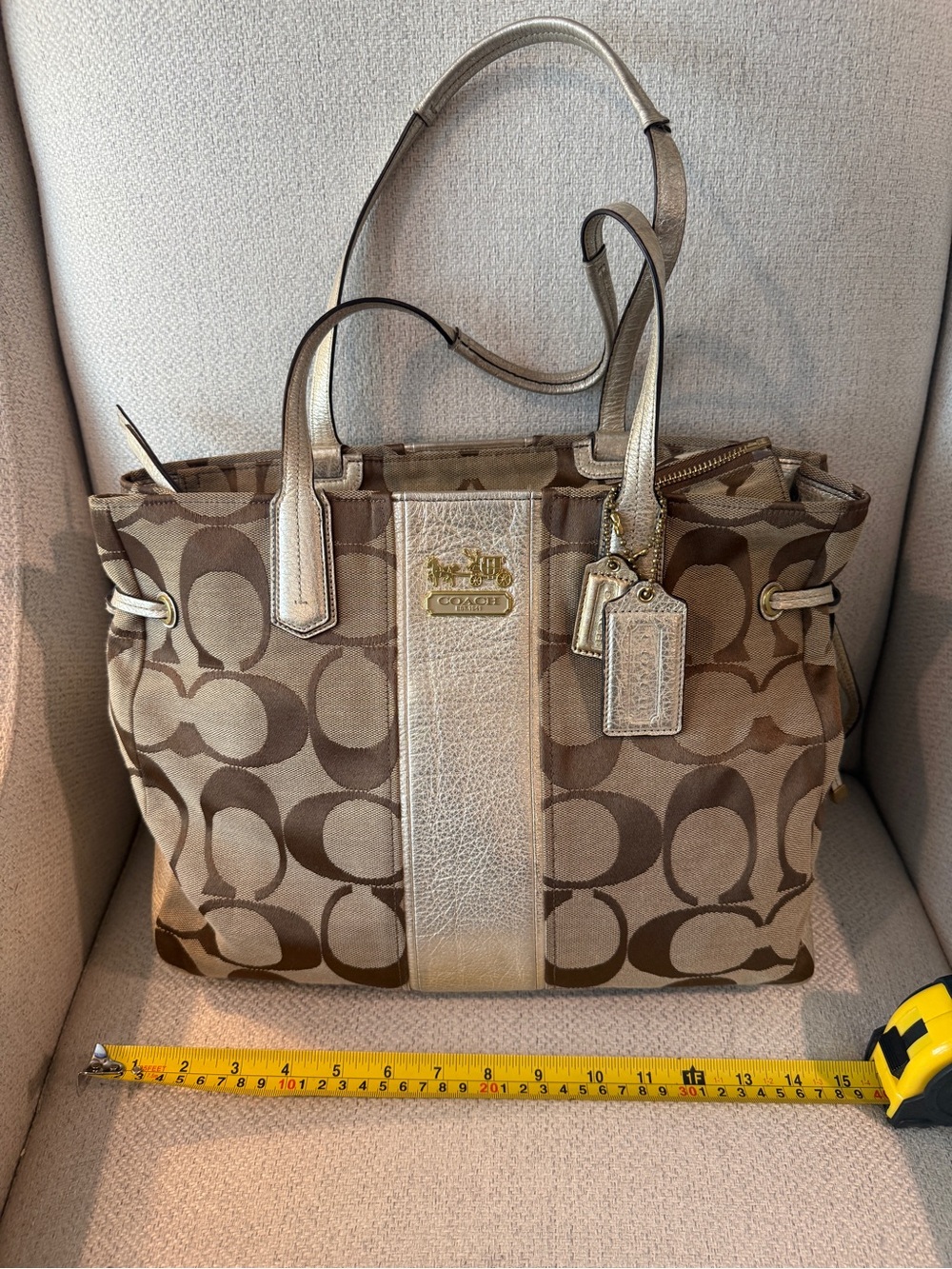 Coach Canvas Tote with Metallic Center Stripe - Brown/Beige
